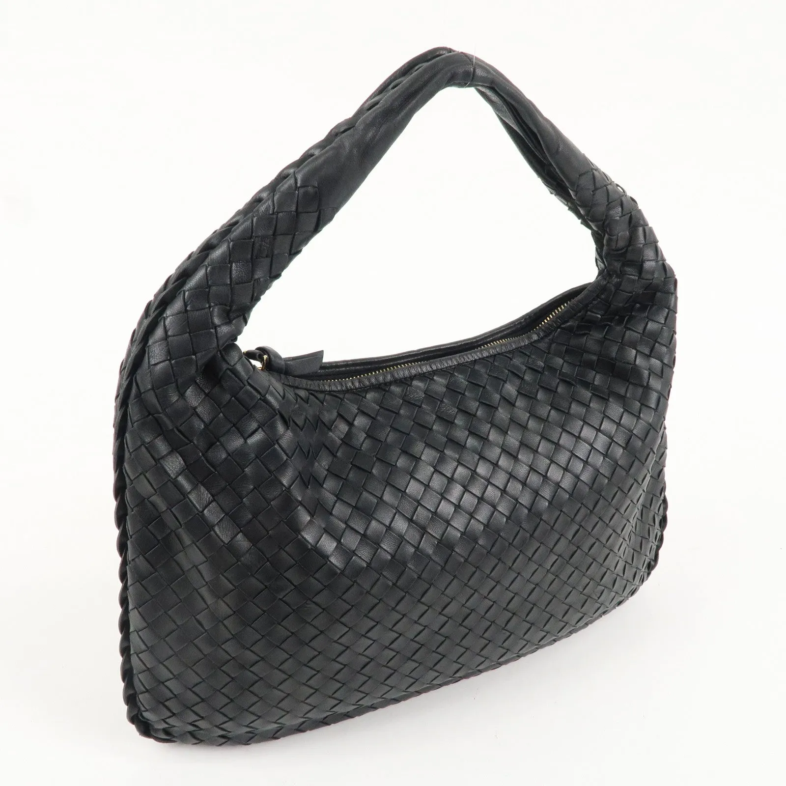 BOTTEGA VENETA Hobo Intrecciato Leather Shoulder Bag Black 115653
