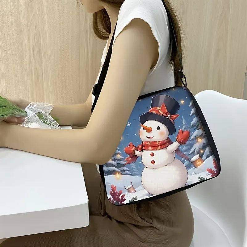 Charming Snowman Christmas Print Shoulder Bag - Durable Polyester, Adjustable Strap, Zip Closure, Spacious Tote for Holiday Gifts & Everyday Use