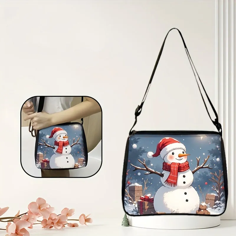 Charming Snowman Christmas Print Shoulder Bag - Durable Polyester, Adjustable Strap, Zip Closure, Spacious Tote for Holiday Gifts & Everyday Use