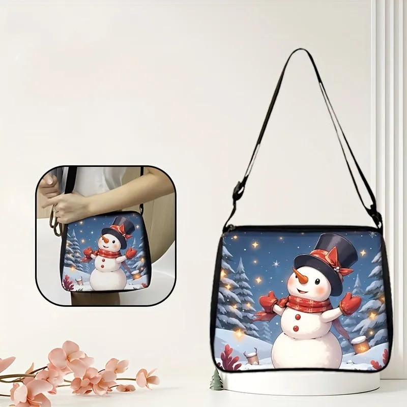Charming Snowman Christmas Print Shoulder Bag - Durable Polyester, Adjustable Strap, Zip Closure, Spacious Tote for Holiday Gifts & Everyday Use