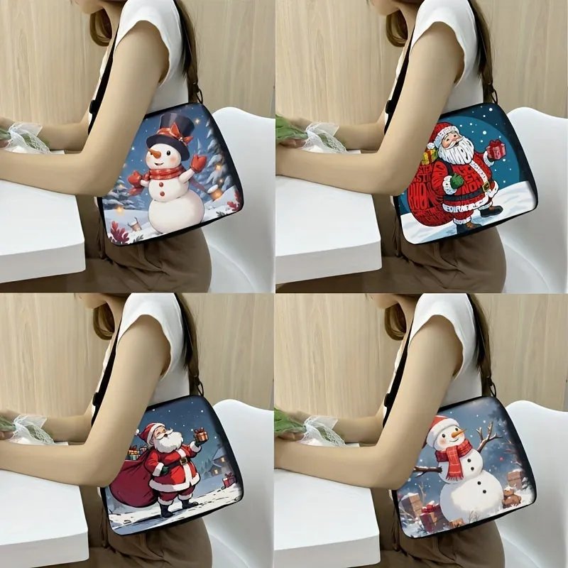 Charming Snowman Christmas Print Shoulder Bag - Durable Polyester, Adjustable Strap, Zip Closure, Spacious Tote for Holiday Gifts & Everyday Use