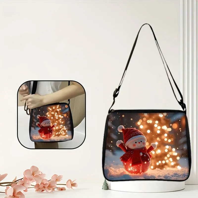 Charming Snowman Christmas Print Shoulder Bag - Durable Polyester, Adjustable Strap, Zip Closure, Spacious Tote for Holiday Gifts & Everyday Use