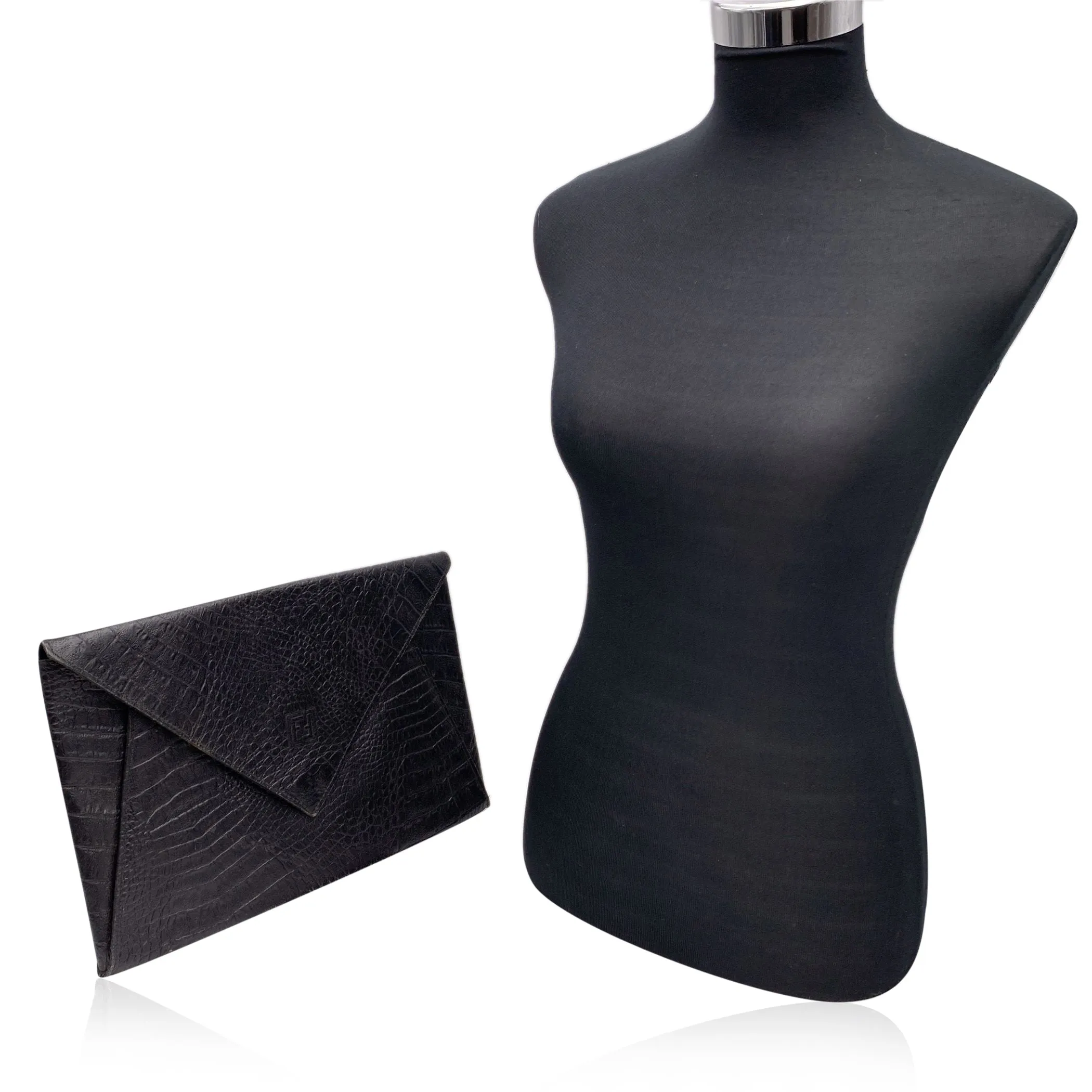 Fendi Vintage Black Embossed Portfolio Envelope Clutch Bag with Chain