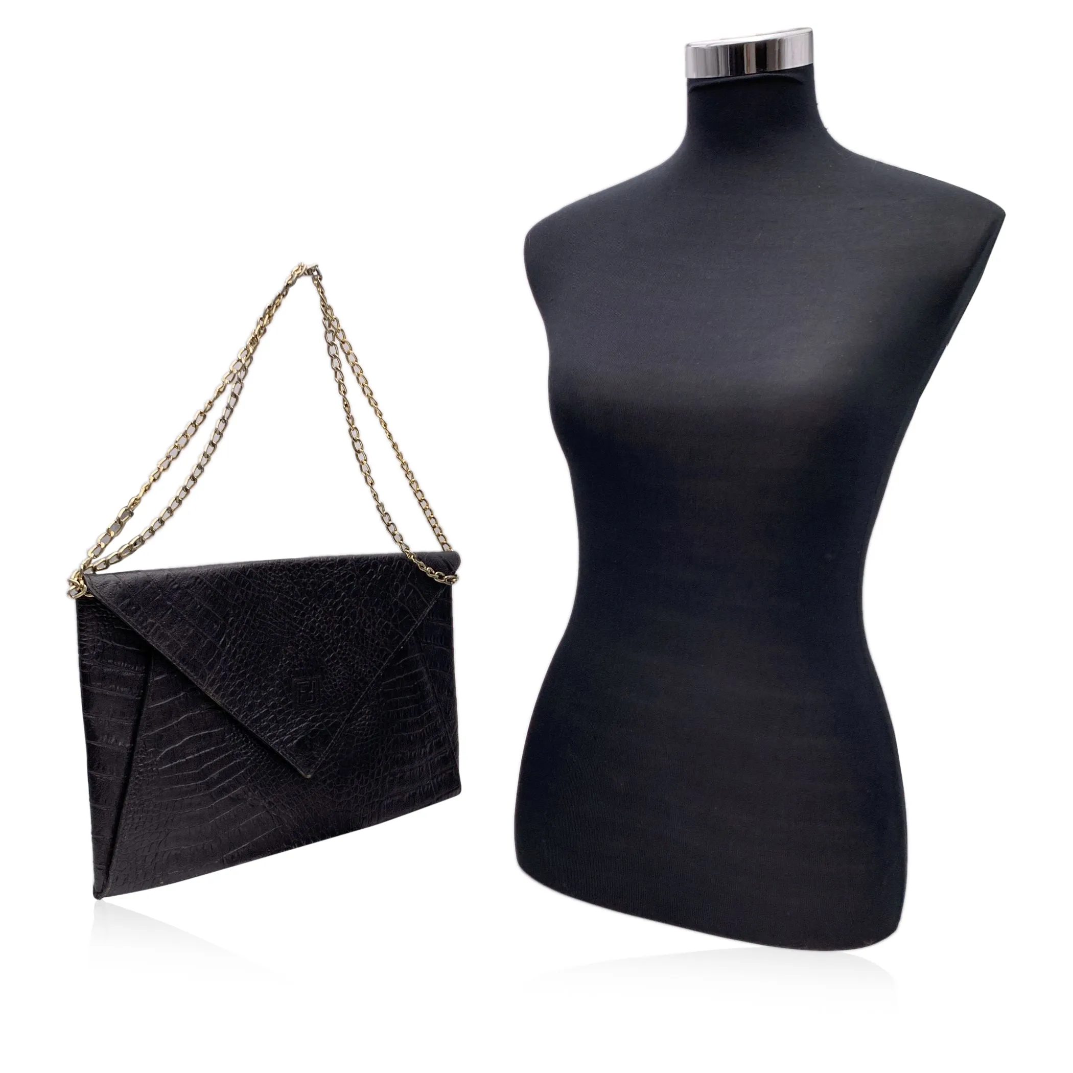 Fendi Vintage Black Embossed Portfolio Envelope Clutch Bag with Chain
