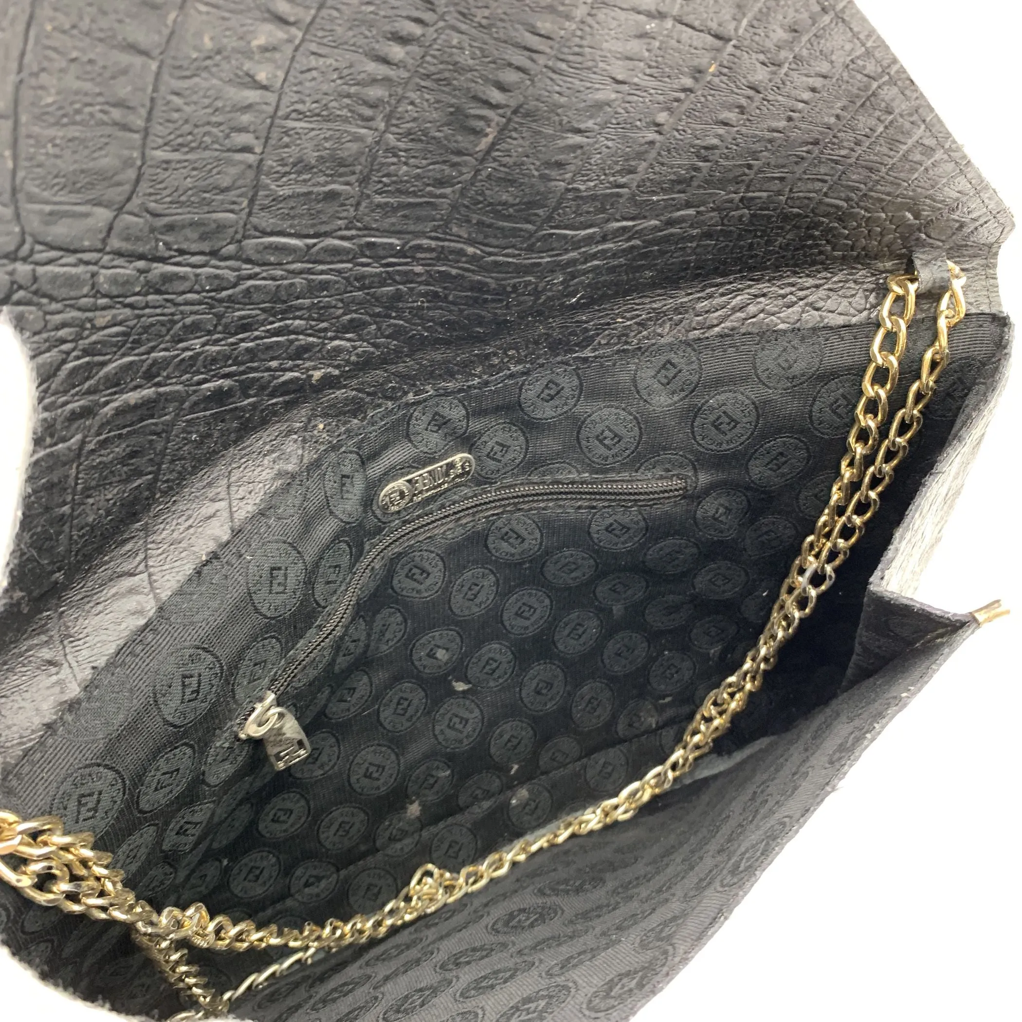 Fendi Vintage Black Embossed Portfolio Envelope Clutch Bag with Chain