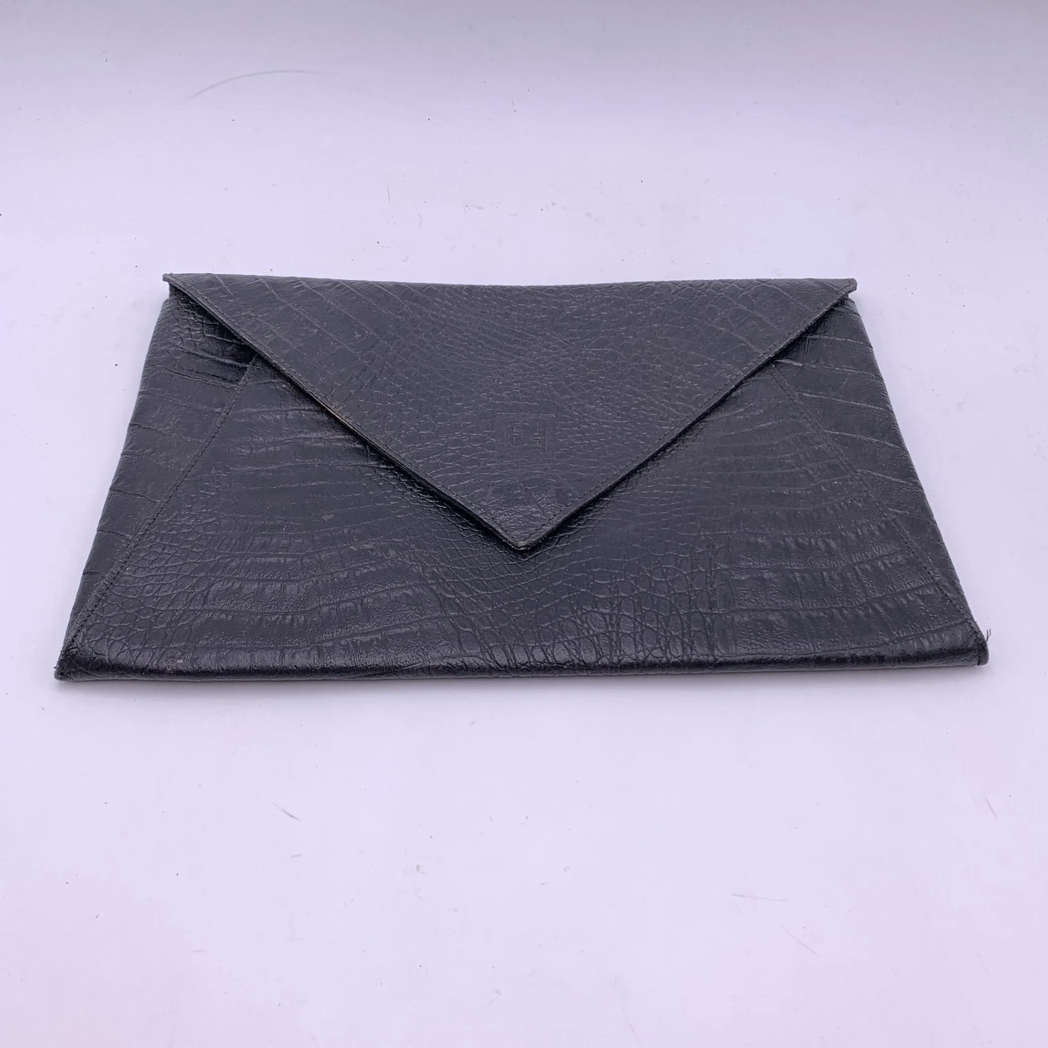 Fendi Vintage Black Embossed Portfolio Envelope Clutch Bag with Chain
