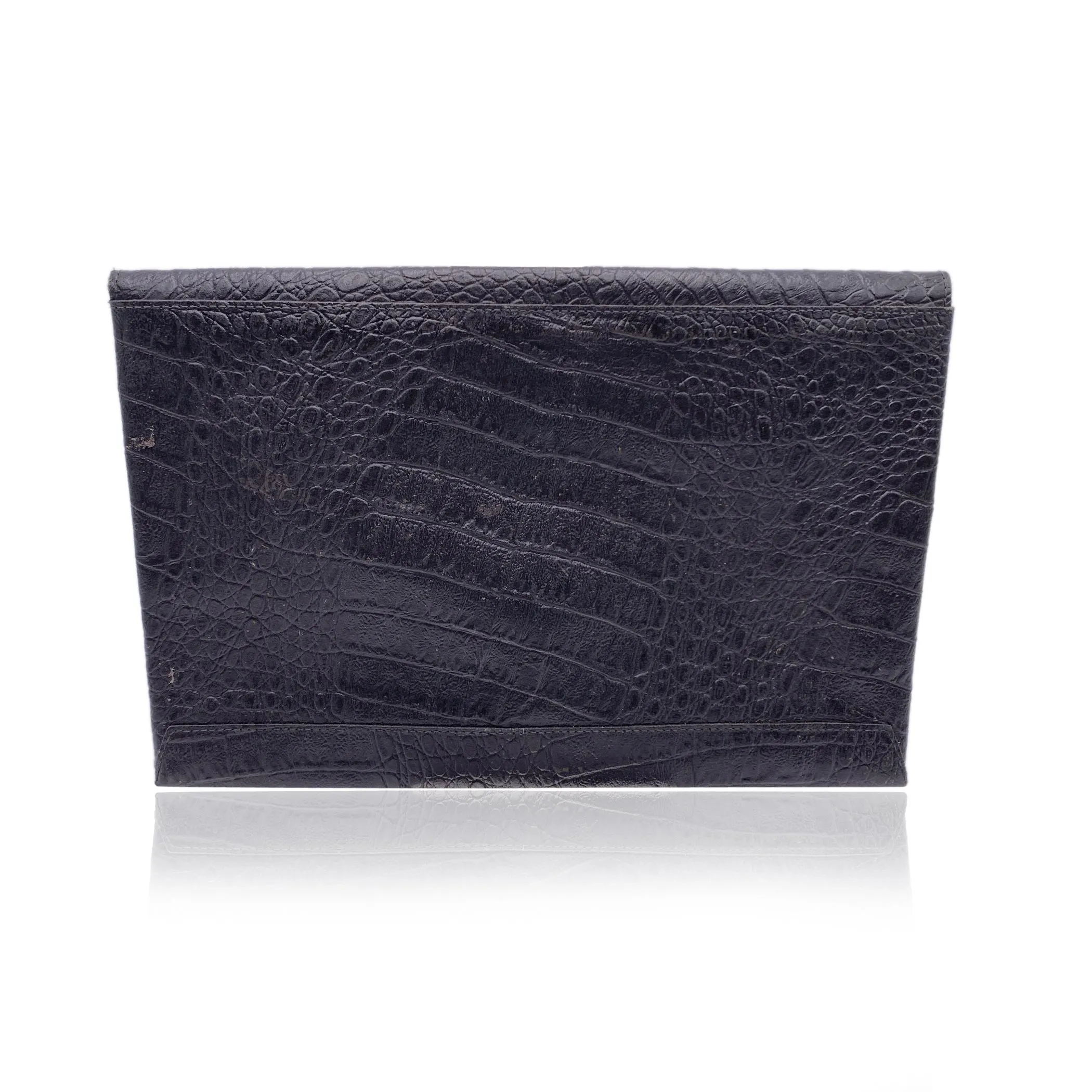 Fendi Vintage Black Embossed Portfolio Envelope Clutch Bag with Chain