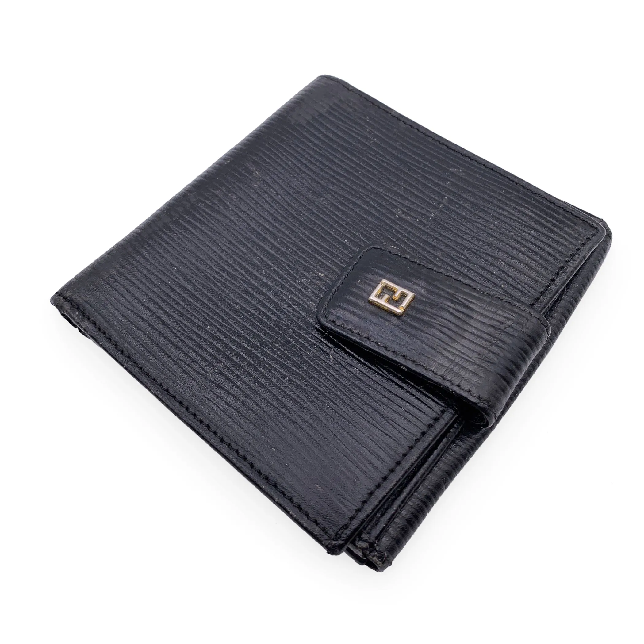 Fendi Vintage Black Epi Leather Bifold Wallet Coin Purse