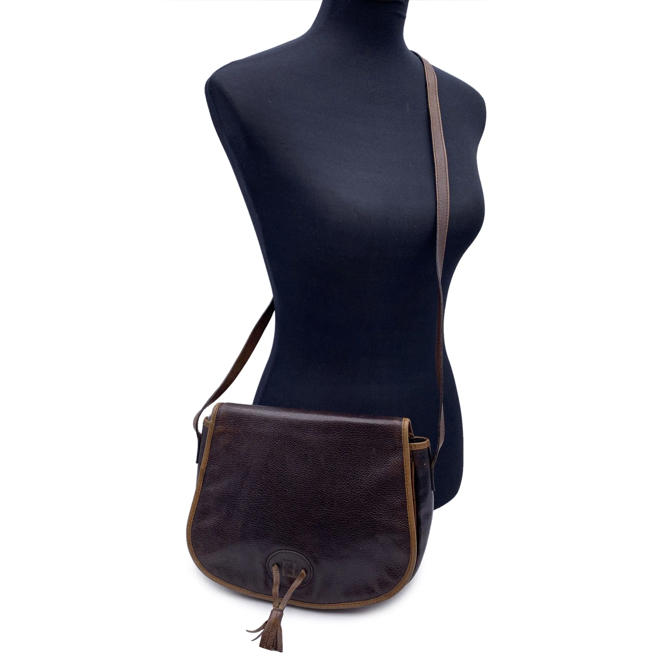 Fendi Vintage Brown and Beige Leather Crossbody Shoulder Bag