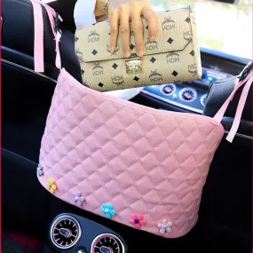 Pink Car Between Seats Handbag Holder with small flower