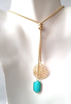 Sinamay with Hexagon Teal Jade Slider Necklace