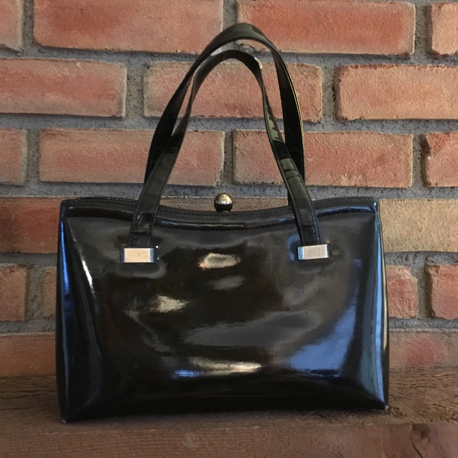 Vintage Black Patent Leather Handbag by Koret. 1950s Purse. Red Leather Interior.