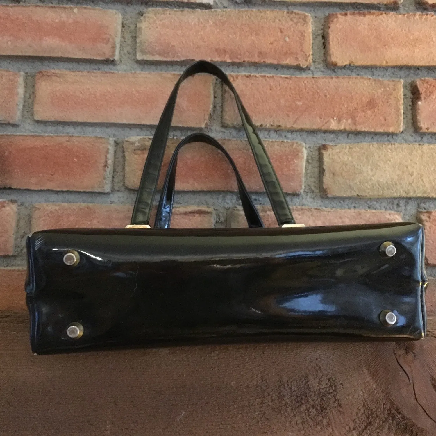 Vintage Black Patent Leather Handbag by Koret. 1950s Purse. Red Leather Interior.